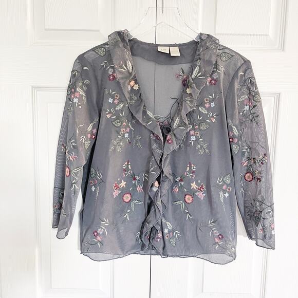 J.Jill Gray Floral Embroidered Mesh Front Tie Sheer Top - Picture 1 of 5